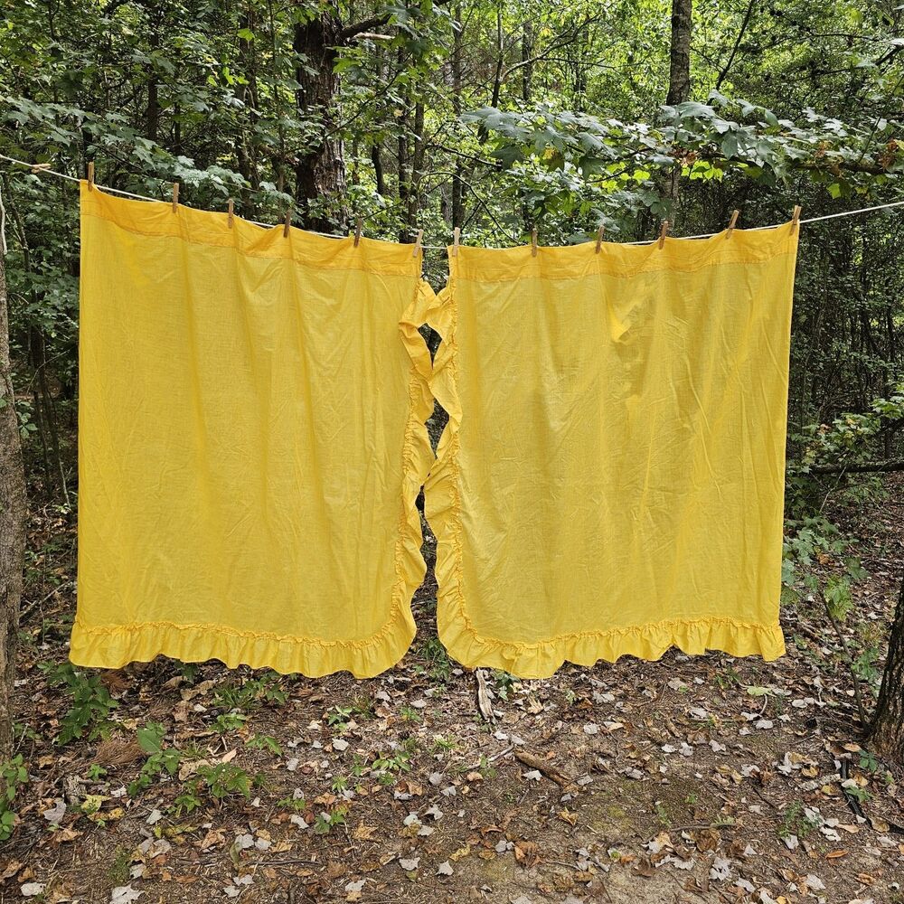 Vintage Bright Orange Yellow Ruffled Curtains Pair 47" x 54" Retro Perma Press